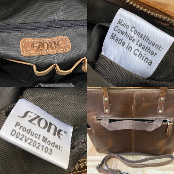 S-Zone Distressed Genuine Leather Tote Bag Cowhide Leather Laptop Travel Bag - Picture 12 of 16